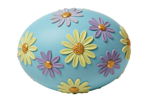 Isolated Easter egg, handcrafted and decorated with yellow and lavender colored daisies