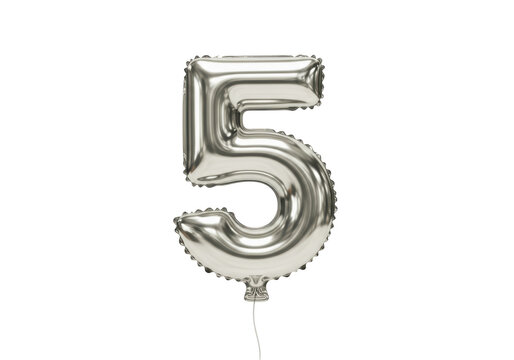 Isolated silver foil number 5 balloon for celebration, decoration and party needs