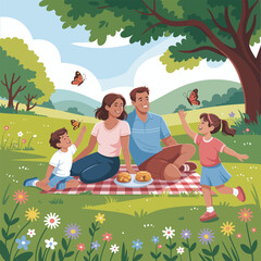 Family Enjoying a Picnic in a Sunny Park with Butterflies nature outdoors