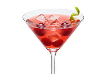 Isolated full Cosmo cocktail drink with cherries, lime, ice and stemware refreshment