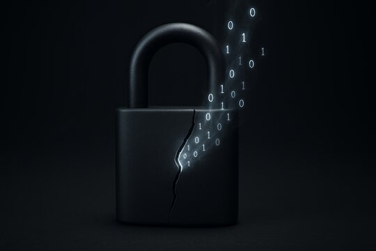 Closeup of matte padlock with hairline crack and floating binary code