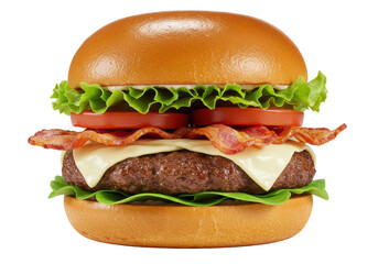 Isolated towering burger, a stack of layers makes for a big, yummy, delicious food experience