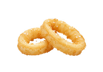 Isolated deep-fried onion rings appetizer stacked one atop the other, golden, crunchy