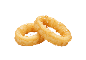 Isolated deep-fried onion rings appetizer stacked one atop the other, golden, crunchy