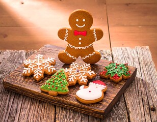 Festive gingerbread cookies on rustic wooden board
