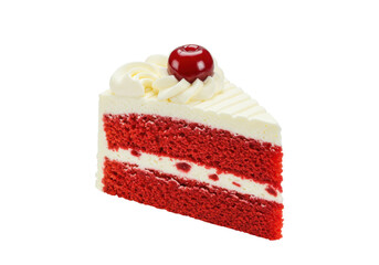 Isolated slice of red velvet cake with cherry, delicious dessert food, isolated cutout