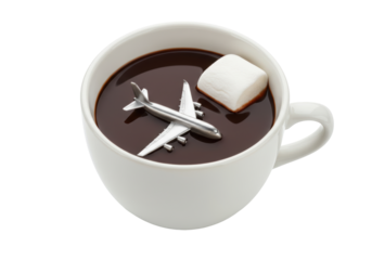Isolated mug of hot chocolate with marshmallow and a small toy airplane afloat inside it