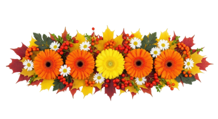 Isolated floral centerpiece display with orange gerbera daisies and fall leaves in autumn colors