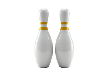 Isolated bowling pins sports equipment, two bowling pins with yellow stripes on bowling alley