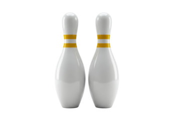 Isolated bowling pins sports equipment, two bowling pins with yellow stripes on bowling alley