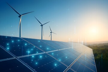 Renewable Energy Future Technology Concept with Solar Panels and Wind Turbines Overlay