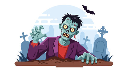 Zombie Rising from Grave: An illustrative scene of a ghoulish zombie emerging from a graveyard, the undead figure's grotesque features and a solitary bat overhead creates a scene of spooky charm.