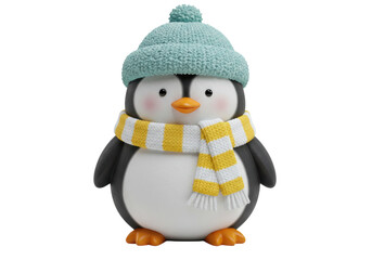 Isolated Portrait of a cute penguin wearing a hat and scarf for winter season holidays