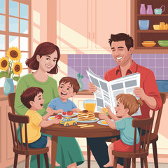 Family enjoying breakfast together at a kitchen table with pancakes vector illustration