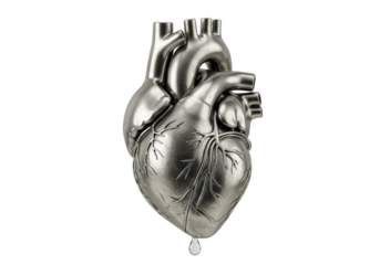 Isolated metal heart with vessel structure, medical concept and teardrop element below