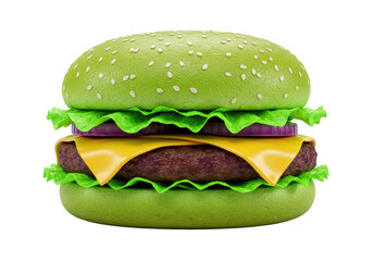 Isolated trendy burger on a plain background with vibrant green buns and fresh ingredients