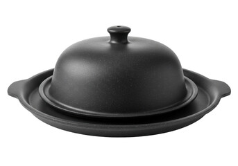 Isolated speckled black earthenware dish and lid for serving food ready to use, studio shot