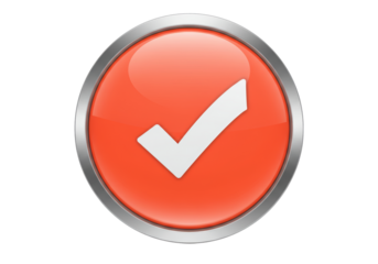 Isolated bright orange button with a white check mark, with a metallic rim design