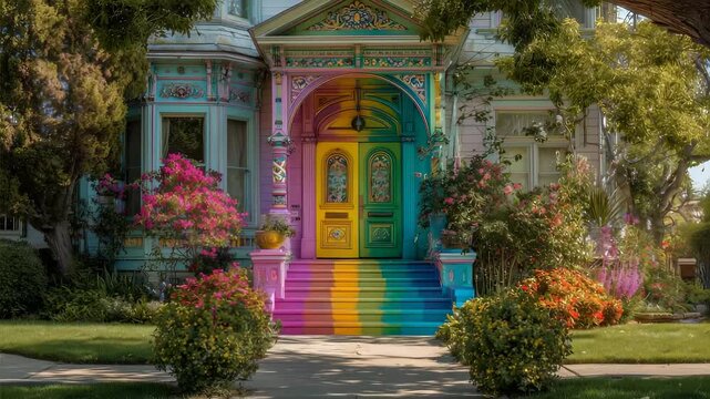 Colorful house with rainbow painted on the front door. Colorful rainbow stairs in a house. A garden with flowers and trees in the sunlight. A vibrant house featuring a rainbow design on the lifestyle.