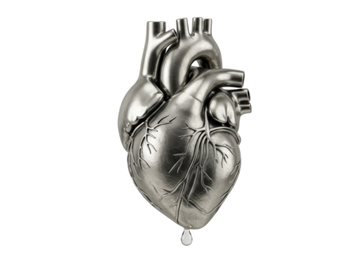 Isolated metal heart with vessel structure, medical concept and teardrop element below