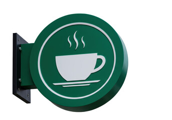 Isolated green sign with coffee cup and steam for cafe or restaurant advertising