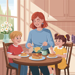 Family enjoying pancakes for breakfast at a kitchen table Keywords: family, breakfast, pancakes