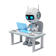 Cute Robot Interacting with Holographic Interface at Desk - AI, Future Tech, Virtual Reality, Data Management