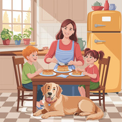 Family enjoying pancakes with a dog in a bright kitchen setting Keywords: family, kitchen