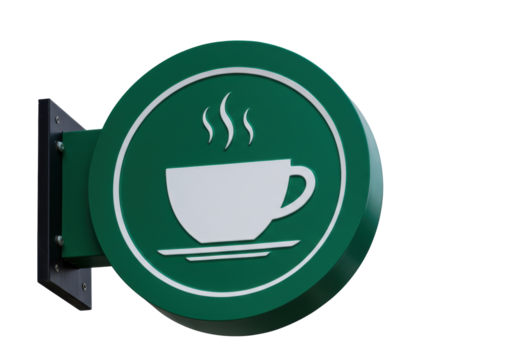 Isolated green sign with coffee cup and steam for cafe or restaurant advertising