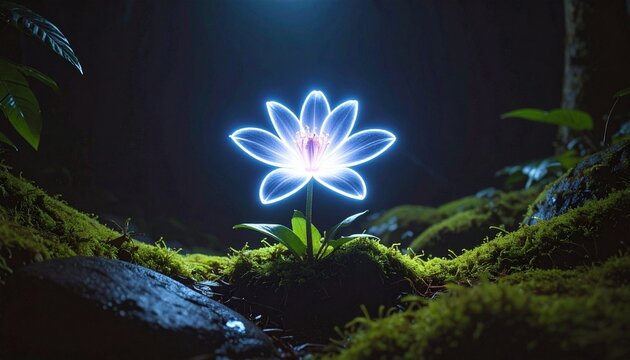 Glowing Neon Lotus Flower in Dark Forest Night