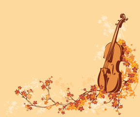 violin musical instrument among fall season tree branches with bright leaves -  autumn classical music outdoor billboard background copy space vector design