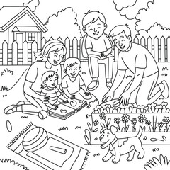Family gardening and playing in a backyard with a dog and a playhouse vector illustration
