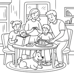 Family gathered around a table with a dog and books home children