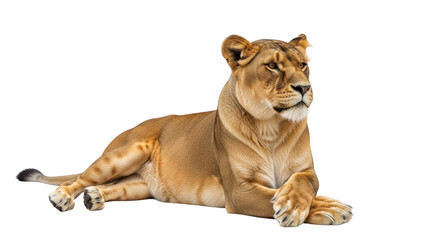 Isolated Lioness lying down resting, elegant lion mammal predator with tan fur looking away