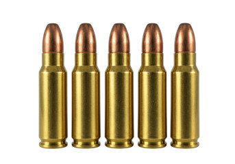 Isolated 5.56mm bullets in a row ammunition objects on a neutral tone backdrop studio shot