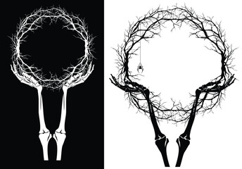 human skeleton hand holding empty copy space frame made of bare tree branches - halloween party theme black and white vector design set