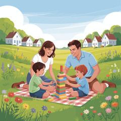 Family having a picnic and building a block tower in a green field outdoors summer
