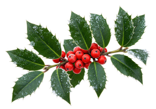 Isolated branch of holly with snow covered leaves and bright red berries, winter foliage