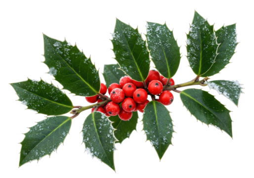 Isolated branch of holly with snow covered leaves and bright red berries, winter foliage