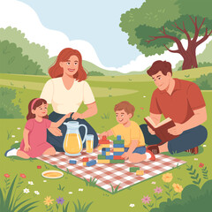 Family having a picnic and playing with blocks in a grassy park vector illustration