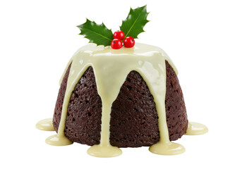 Isolated Christmas pudding, dessert with sweet vanilla sauce, traditional winter food item