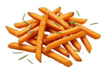 Isolated Heap of Crispy Sweet Potato Fries Sprinkled with Sea Salt and Rosemary Twigs