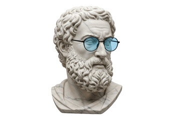 Isolated bust sculpture wearing glasses, intellectual art with ancient and modern themes