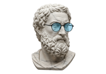 Isolated bust sculpture wearing glasses, intellectual art with ancient and modern themes
