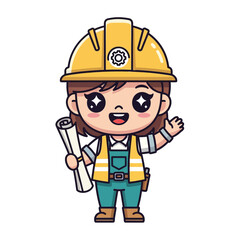 Cheerful Cartoon Female Engineer with Blueprint and Hard Hat.