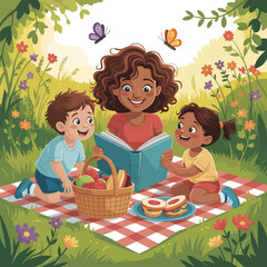 Family having a picnic and reading a book in a sunny park with butterflies Keywords: family