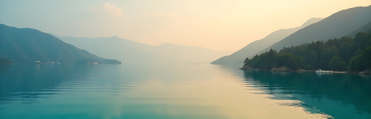 serene captures tranquil turquoise waters secluded bay dawn softly illuminated warm golden light reflecting
