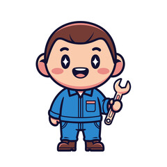Cheerful Cartoon Mechanic with Wrench, Blue Jumpsuit.