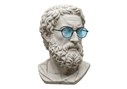 Isolated bust sculpture wearing glasses, intellectual art with ancient and modern themes