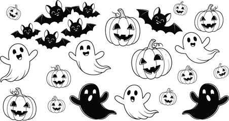 Obraz premium Whimsical Halloween characters including friendly ghosts, grinning pumpkins, and playful bats in a festive pattern.